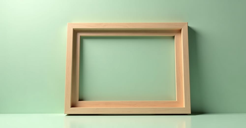 Empty wooden picture frame leaning against a sage green wall — representing the framing problem in technical marketing.