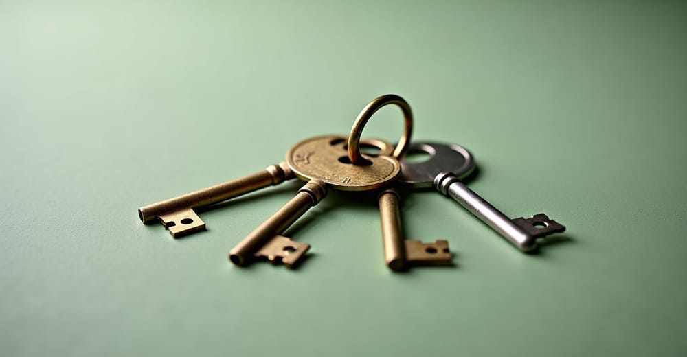 Three different antique keys on a brass ring against sage green background — representing different audience persona types.