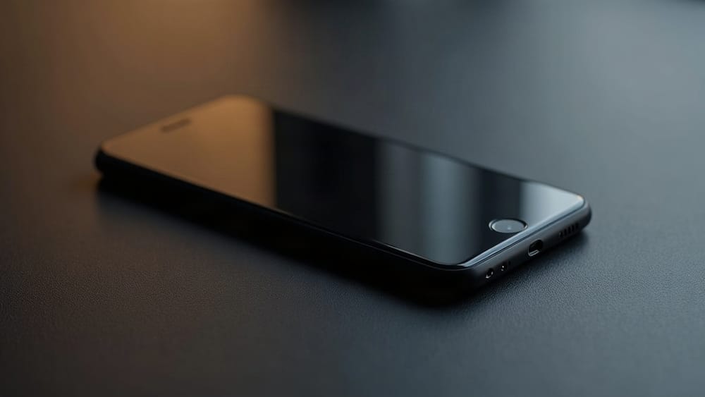 A smartphone lying face-down on a dark surface, no screen visible, lit from the side with warm amber light and soft tilt-shift blur at the edges.