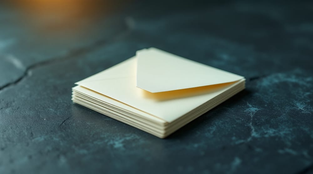 A small stack of cream envelopes on a dark slate surface, the top envelope's flap slightly open.