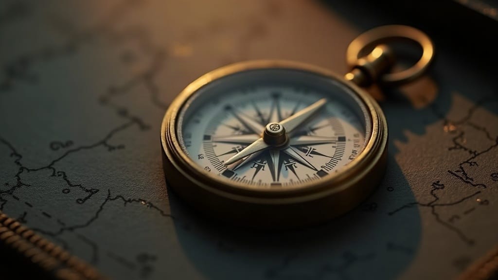 A small brass compass on a dark surface with tilt-shift depth of field and warm side-lighting, needle sharp at center, background fading to blur.