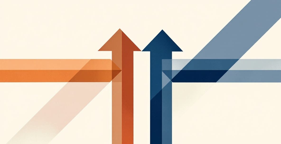 Two arrows from a shared origin: warm orange rising upper right, deep navy declining lower right. Diverging symmetrically. Cream background. Flat vector.