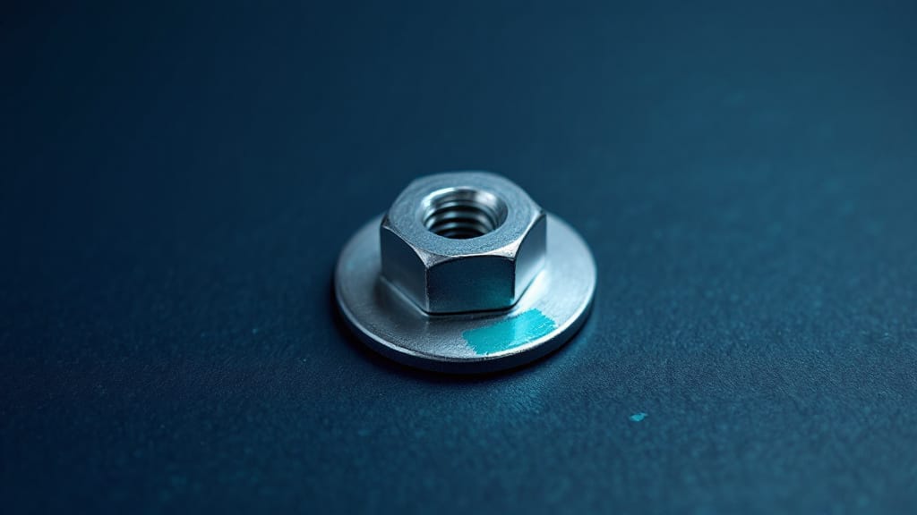 A bare steel hex nut resting on a zinc washer, isolated on a dark navy surface. A small teal paint mark on the washer edge. Structural load-bearing hardware.