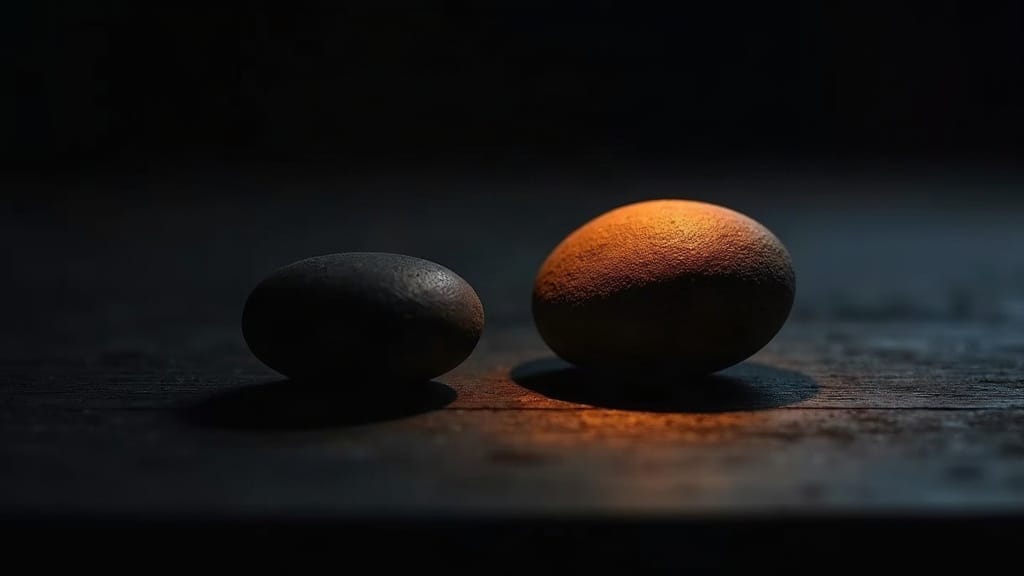 Two stones on a dark surface, one directly illuminated by warm amber light and one in shadow at the edge of the frame, shot with tilt-shift depth of field, suggesting signal versus noise.