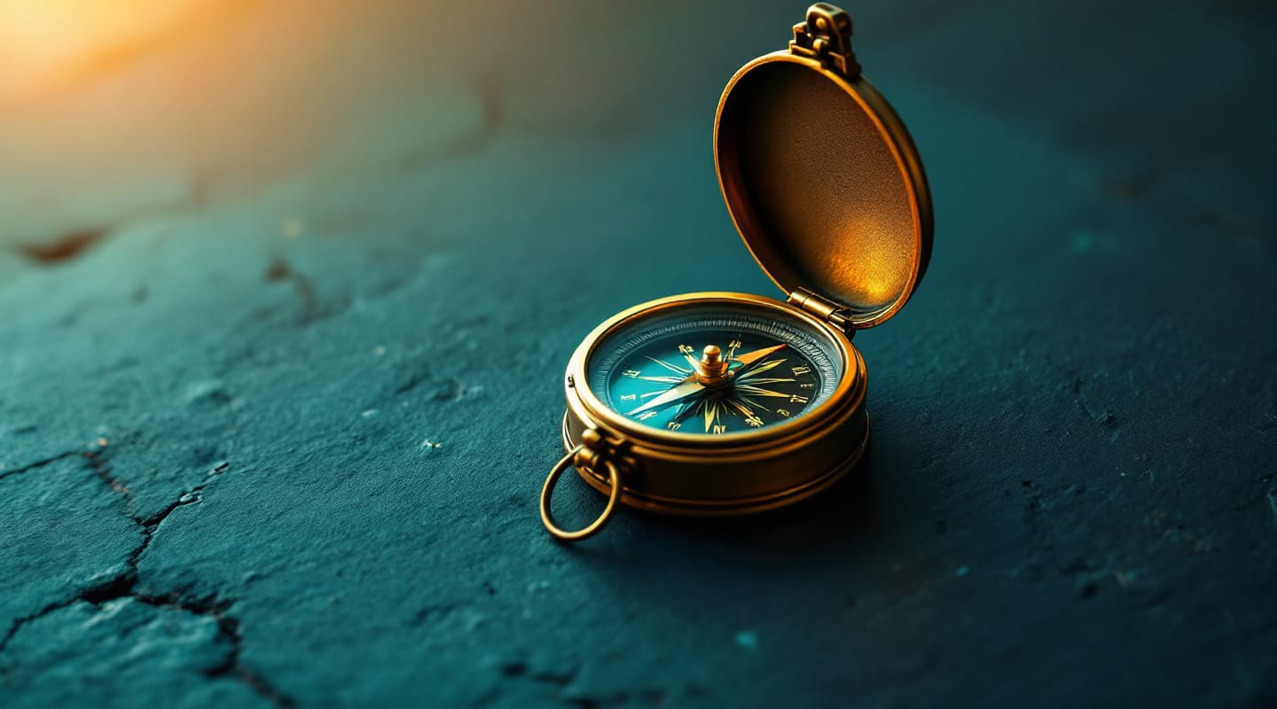 An antique brass compass with its lid open on a dark slate surface, the needle clearly visible.