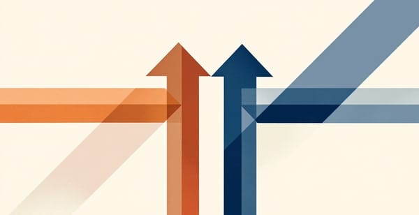 Two arrows from a shared origin: warm orange rising upper right, deep navy declining lower right. Diverging symmetrically. Cream background. Flat vector.